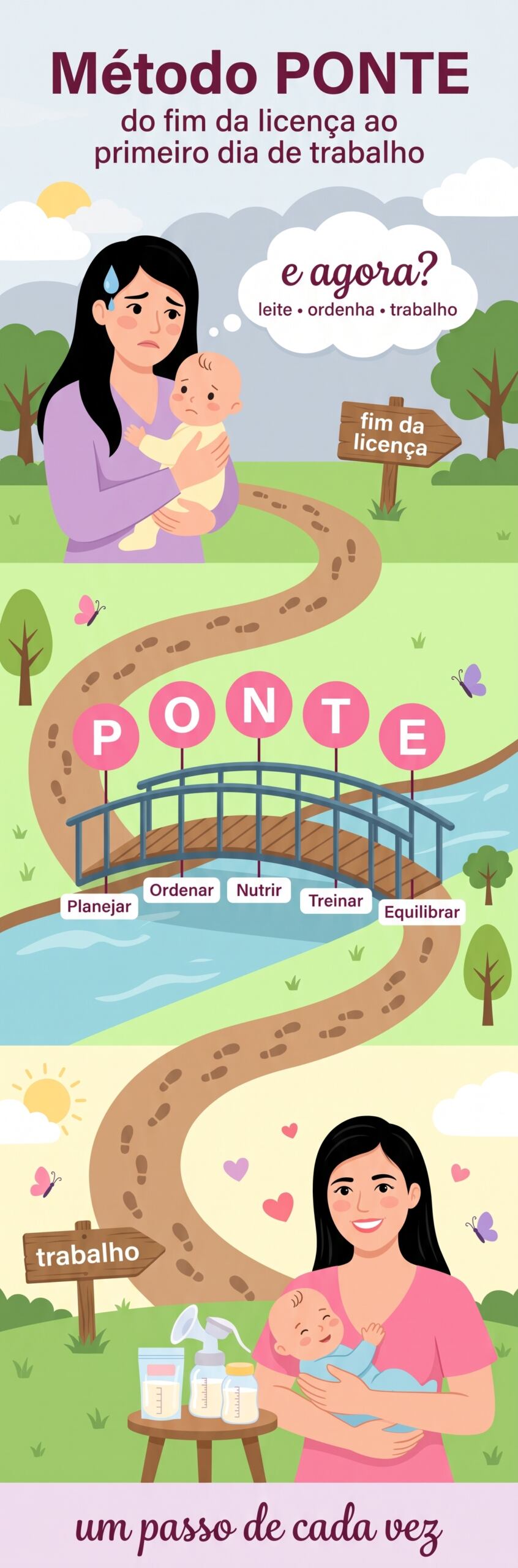 Método PONTE: mãe preocupada com o bebê de um lado da ponte e mãe tranquila com bomba de leite do outro